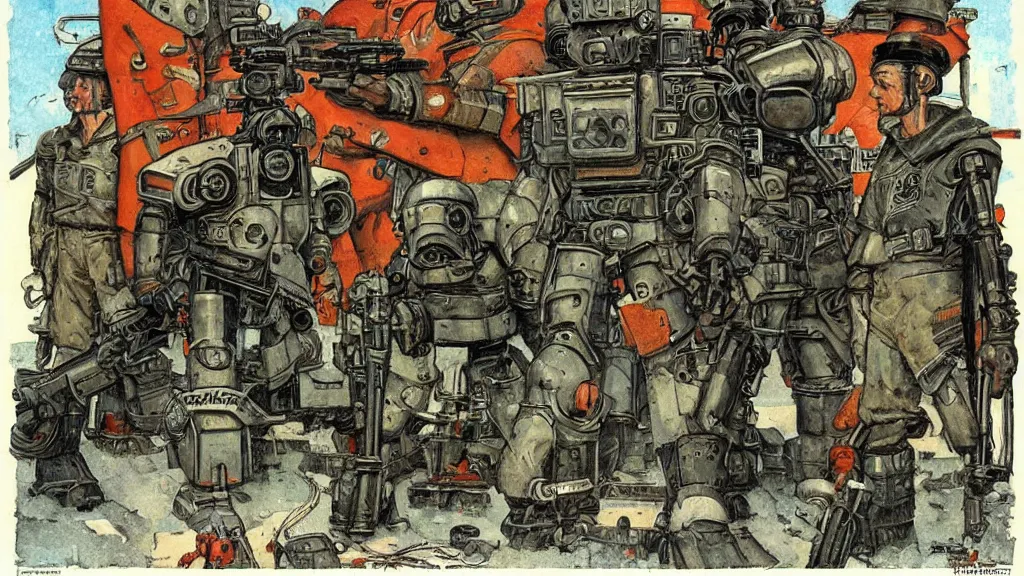 Image similar to Soviet mechs in the style of Norman Rockwell, sci-fi illustrations, highly detailed, award-winning, patriotic, soviet, ussr, dark, gritty, ink