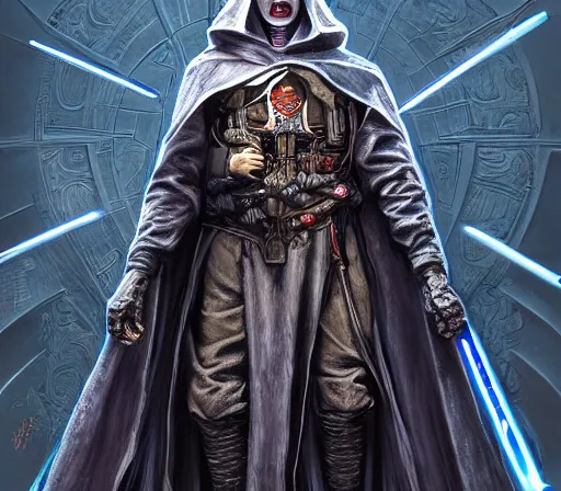 Image similar to ww 1 sith sorcerer, hooded cloaked sith lord, full character concept art, highly detailed matte painting intricately beautiful, intricately detailed by dom qwek by darren bartley byjames jean