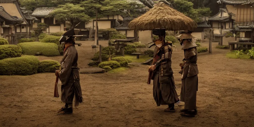 Prompt: a film still of a japanese samurai village in a japanese blockbuster film, landscape, shallow depth of field, cinematic, award winning cgi, vfx, film still