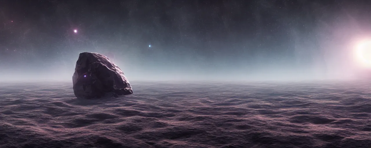 Prompt: movie still, space panorama with angular minimalist obsidian monoliths floating in space, cell automata, unreal engine, octane render, detailed and intricate, cloudy, global illumination, volumetric lighting, hubble telescope images, james webb telescope images, detailed and intricate environment, color graded