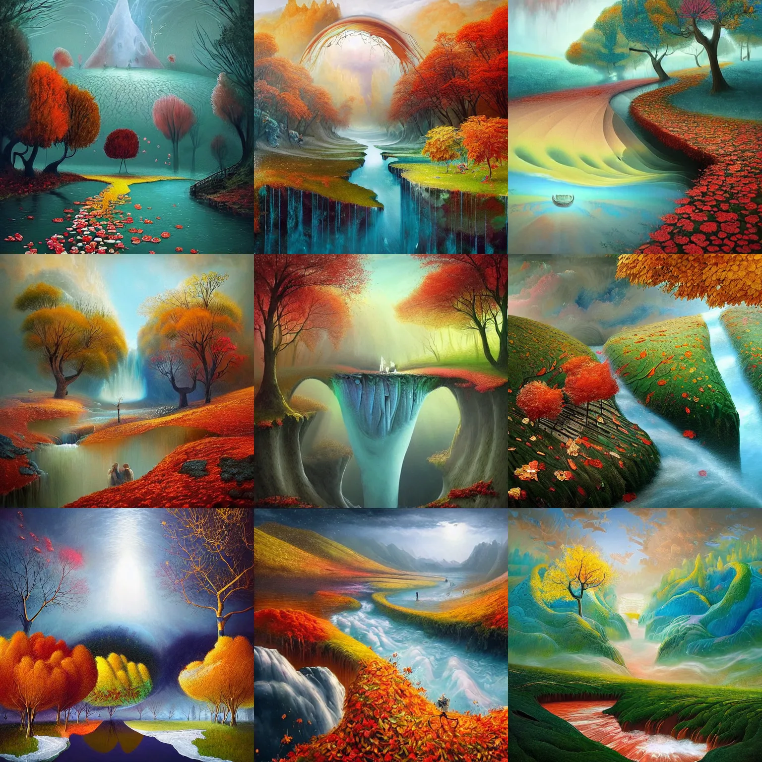 Prompt: a masterpiece matte painting of the four!! seasons on an alien! landscape, seasons!! : 🌸 ☀ 🍂 ❄, a river divides!!!, painted by gediminas pranckevicius, inspired by mimmo rotella, inspired by alberto seveso, quantum wavetracer, crepuscular rays, vray