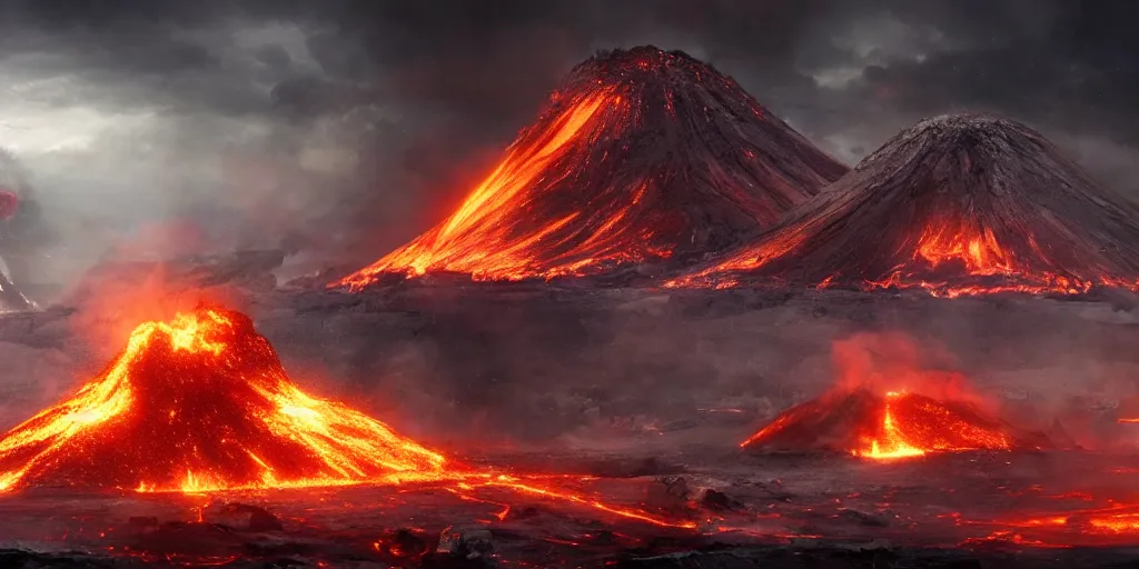 Prompt: a robot warzone on an erupting volcano, matte painting, concept art, 4 k