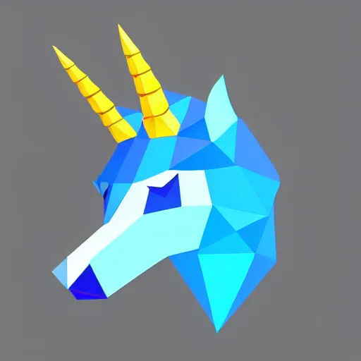 Prompt: unicorn head, 2 d low polygon art, symmetric art, blue, vector art