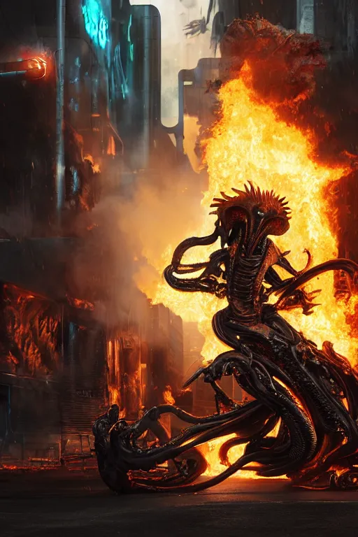 Image similar to The Ghost Rider fights a fire-breathing xenomorph in the back alley of a cyberpunk city, burning trash flies through the air, splattered blood. Realistic, octane render, trending on ArtStation.