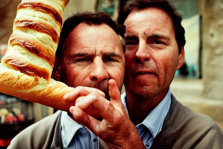 Image similar to closeup portait of a man being eaten by a giant baguette, natural light, sharp, detailed face, magazine, press, photo, Steve McCurry, David Lazar, Canon, Nikon, focus