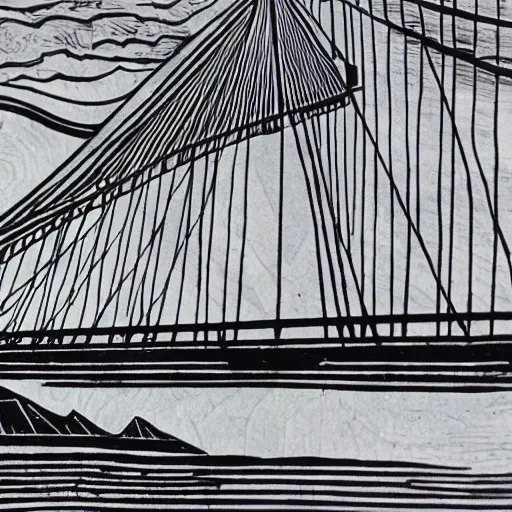 Image similar to steel suspension bridge built in 1 9 2 8, side view, puffy clouds in background, woodcut style, 8 k