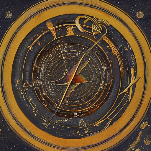 Prompt: artistic painting of astronomical armillary rings, engraved symbols