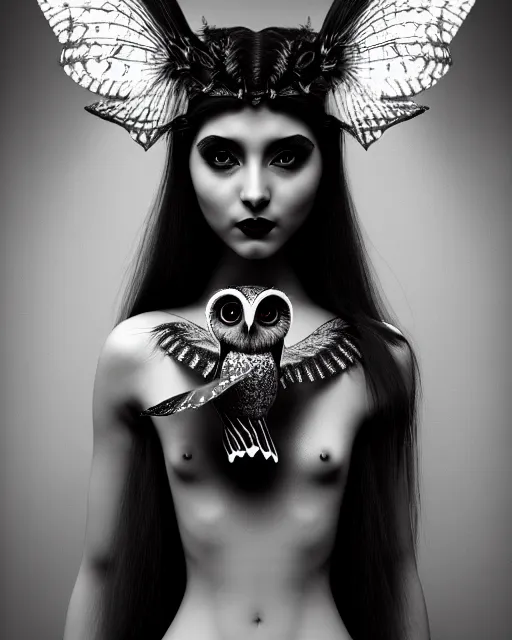 Image similar to surreal mythical dreamy dark artistic black and white fine art 3 / 4 fashion portrait photo of a young beautiful delicate female robot - witch - owl with orchid - doll face, rim light, cinematic, studio dramatic light, poetic, masterpiece, octane render, 8 k, photo - realistic by gustave dore hg giger