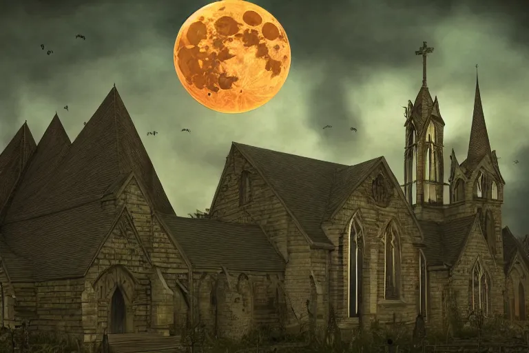 Prompt: an ultra detailed animation of a church steeple with bats in a graveyard at midnight on halloween, digital art, dark fantasy, concept art, soulslike, by alphonse mucha, blood moon eclipse, ruined building in the background, artstation, 8 k, unreal engine render