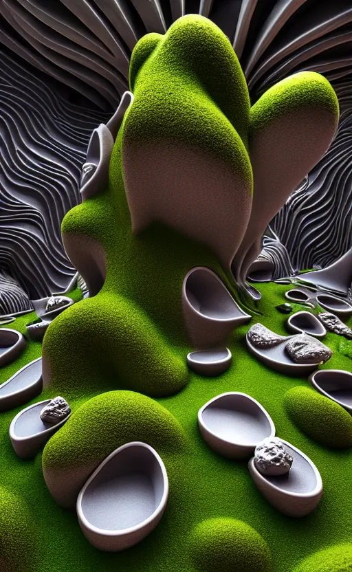 Prompt: highly detailed ultra sharp 3 d coral villa interior cinematic composition of a smooth ceramic porcelain biomorphic magnolia leaves stone nebula fluid fractal sci - fi surreal architecture landscape, granite, metallic, marble, moss, lichen, vincent callebaut composition, mamou - mani, archviz, beautiful lighting, 8 k, unreal engine, hdr,