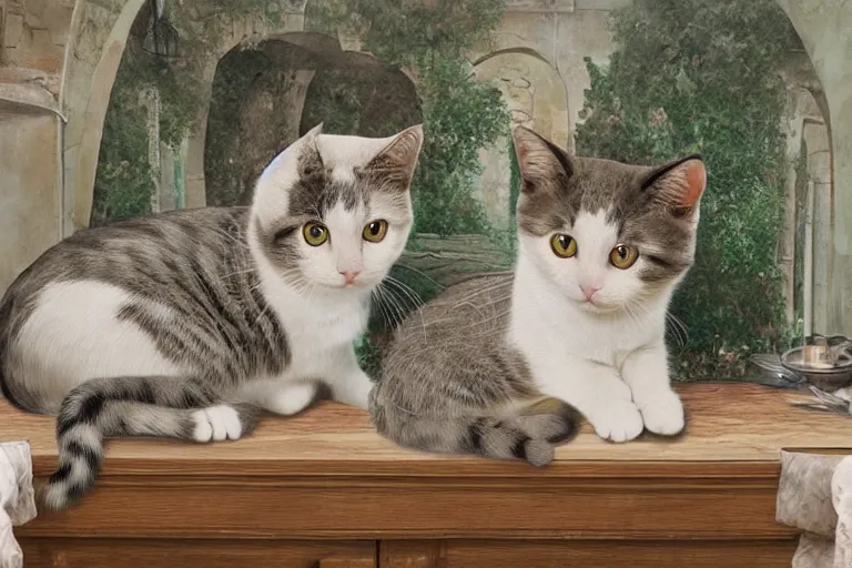 Prompt: a very very very very detailed matte painting of Cute Cat sitting in center of Provence style Room,