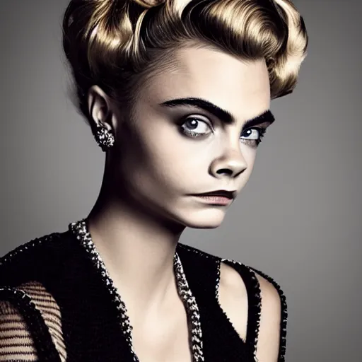 Prompt: portrait of beautiful cara delevingne with a gibson girl hairstyle by mario testino, photo taken in 2 0 2 0, headshot, detailed, award winning, sony a 7 r