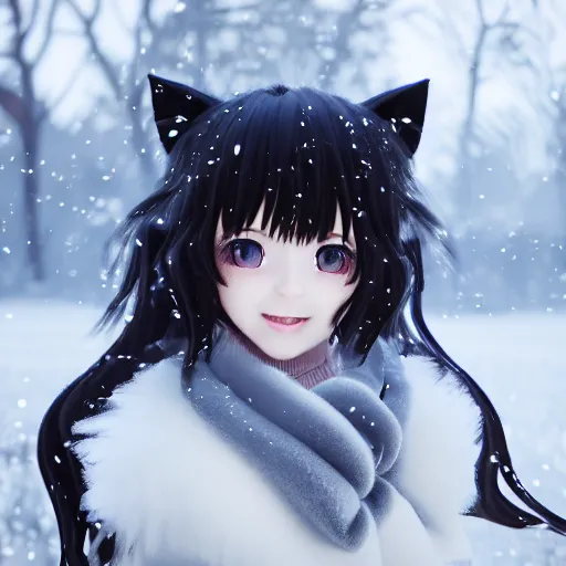 Prompt: photorealistic of a very cute joyful 3d anime girl, wearing fluffy black scarf, long coat, black long curly hair, cat ears, snowing in the forest, medium shot, mid-shot, highly detailed, trending on Artstation, Unreal Engine 4k