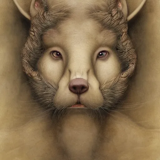 Image similar to histological bear rabbit hybrid character portrait by jean delville, tom bagshaw, brooke shaden, gustave dore and marco mazzoni, studio ghibli style, porcelain, organic, detailed fur, intricate details