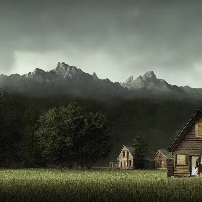 Image similar to a house in a field with mountains in the background, a matte painting by gregory crewdson, behance contest winner, american scene painting, matte painting, concept art, movie still