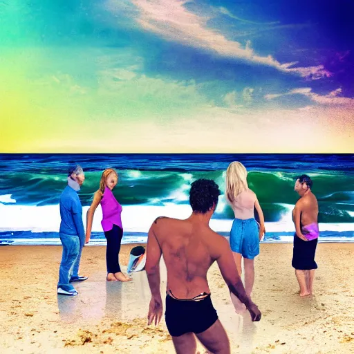 Prompt: a group of people at the beach, crossfade, expressive, photoshop, album cover art