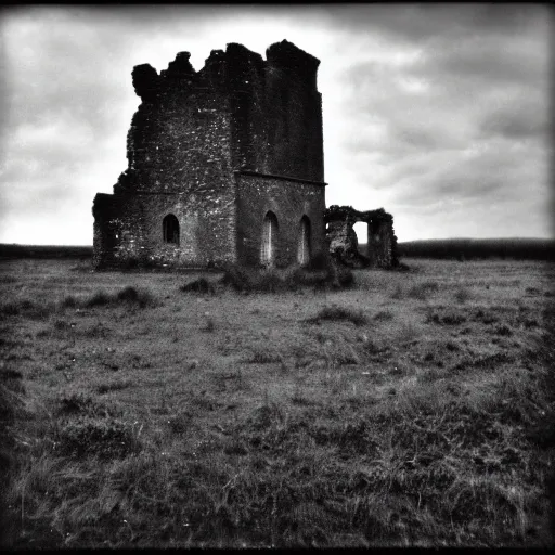 Image similar to a dark moody photo taken with a Holga of a ruined castle on an empty moor, greyscale, stormy