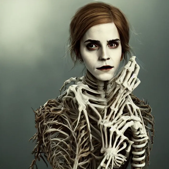 Image similar to portrait of skeleton as a Emma Watson. intricate abstract. intricate artwork. nightmare fuel. by Tooth Wu, wlop, beeple, dan mumford. octane render, trending on artstation, greg rutkowski very coherent symmetrical artwork. cinematic, hyper realism, high detail, octane render, 8k, iridescent accents