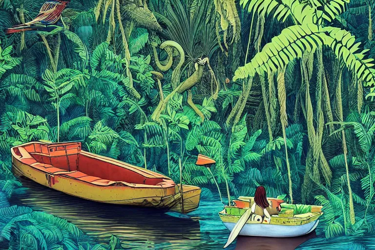 Prompt: lonely boat floating on a river in the jungle, ferns, birds. digital drawing, ultra detailed, cool color palette, wes anderson, amelie poulain, tim burton, tomm moore, guido crepax