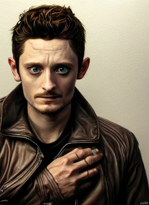 Prompt: portrait of elijah wood, gritty, dark, wearing a leather jacket, very detailed eyes, hyperrealistic, very detailed painting by Glenn Fabry, by Joao Ruas, by Artgerm
