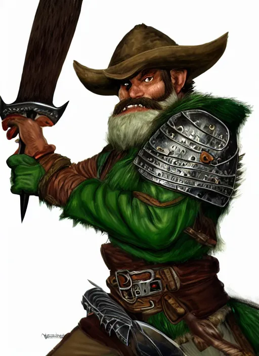 Image similar to strong young man, photorealistic bugbear ranger holding a flaming sword, black beard, dungeons and dragons, pathfinder, roleplaying game art, hunters gear, jeweled ornate leather and steel armour, concept art, character design on white background, by alan lee, norman rockwell, makoto shinkai, kim jung giu, poster art, colours red and green