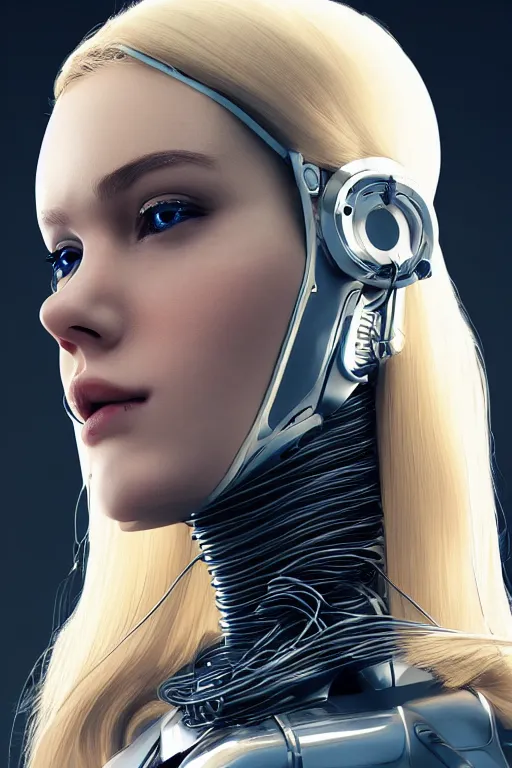 Image similar to a beautiful woman with blonde hair wearing robot suit with wires and light, highly detailed, photorealistic, artstation, smooth