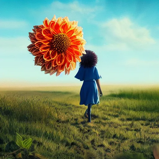 Prompt: closeup giant dahlia flower head, girl walking between dunes, surreal photography, sunrise, blue sky, dramatic light, impressionist painting, digital painting, artstation, simon stalenhag