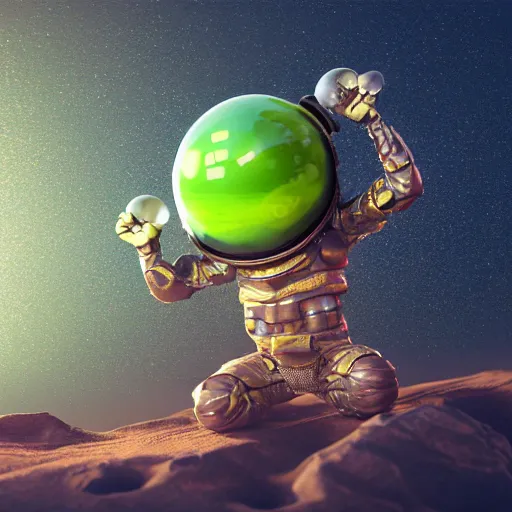 Prompt: a soldier frog lifting a planet over its head, octane render, cinematic rendering, 8 k, octane, digital art, vivid colors, impressive