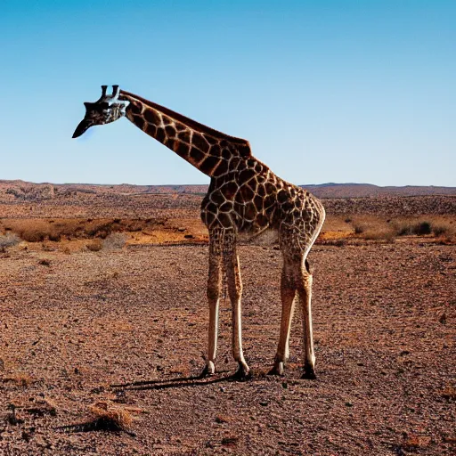 Image similar to a short giraffe grazing in the desert national geography 8k