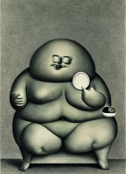 Image similar to fat man sitting on chair looking at his smartphone, hysterical, sweat, fat, frustrated, art by gertrude abercrombie hans bellmer