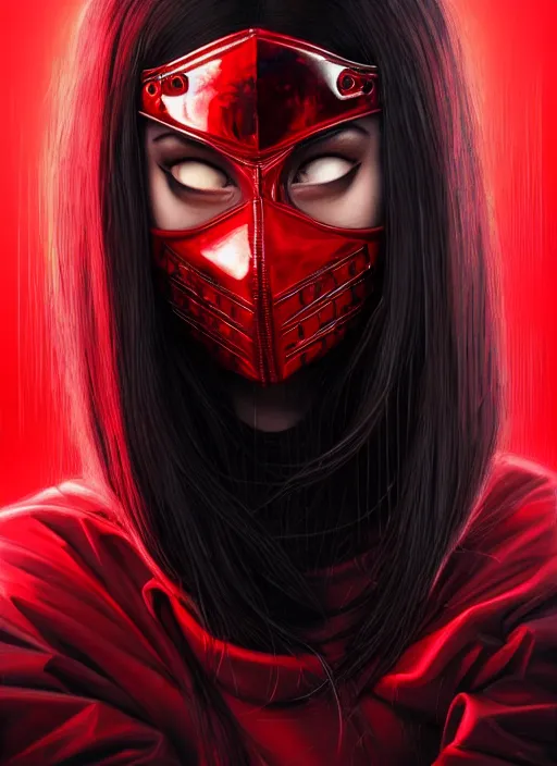 Prompt: portrait of long black hair girl within a red steel mask and streetwear. cynical face, concept art, cyberpunk illustration, intricate, highly detailed 8 k, smooth, matte, sharp focus, rim light, beautiful and aesthetic shape of face and body, artgerm, artstation, art by gharliera and rinotuna and junpei