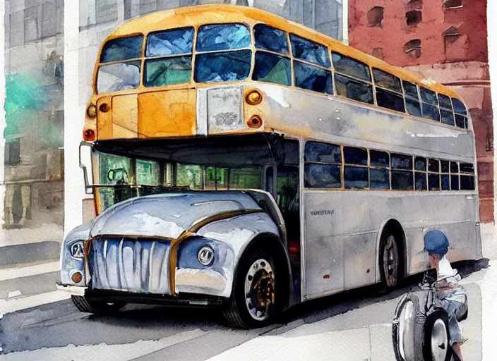 Image similar to concept art of a urban bus, pinterest, artstation trending, behance, watercolor, by coby whitmore, silver, laser light,