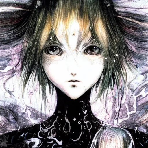 Image similar to Yoshitaka Amano blurred and dreamy illustration of an anime girl with pirate eye patch, wavy white hair and cracks on her face wearing Elden ring armour with the cape fluttering in the wind, abstract black and white patterns on the background, noisy film grain effect, highly detailed, Renaissance oil painting, weird portrait angle