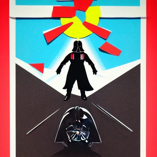 Image similar to silkscreen of darth vader throwing a paper airplane