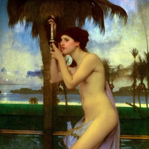 Image similar to Girl with a blood dripping chalice at the palace, thunderstorm, pool, beach and palm trees on the background major arcana sky, by paul delaroche, alphonse mucha and arnold böcklin arnold böcklin hyperrealistic 8k, very detailed