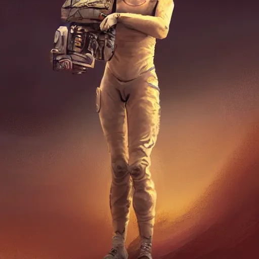 Prompt: tattooed dirty stoic butch heroic emotionless blonde woman engineer in tattered dirty flight suit, very short messy hair, victorian goggles, back pose, crossing primitive hostile alien desert, clouds of red dust, highly detailed, digital painting, artstation, concept art, matte, sharp focus, illustration, art by moebius and artgerm and greg rutkowski