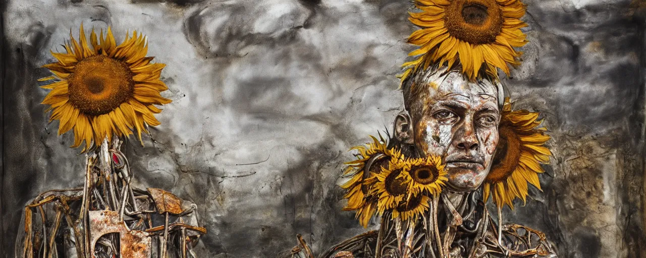 Prompt: a painting of a very ordinary person, by Anselm Kiefer, mixed media, rusted metal, sunflowers, anatomically correct, beautiful perfect face, sharp focus, Highly Detailed, Cinematic Lighting, octane render, volumetric lighting, post-production, 8k, HD
