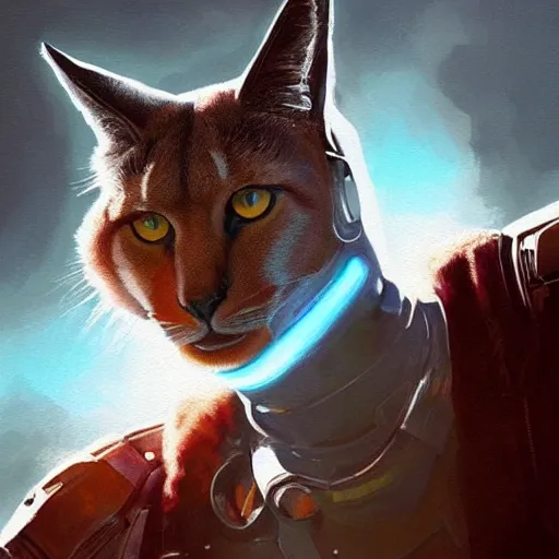 Image similar to cyberpunk, armitage, closeup portrait of a cute fluffy caracal and light blue eyes, brown buzzcut, cyborg, dramatic light, city background, sunset, dystopian setting, high contrast, sharp, neuromancer, painted by stanley lau, painted by greg rutkowski, painted by stanley artgerm, digital art, trending on artstation