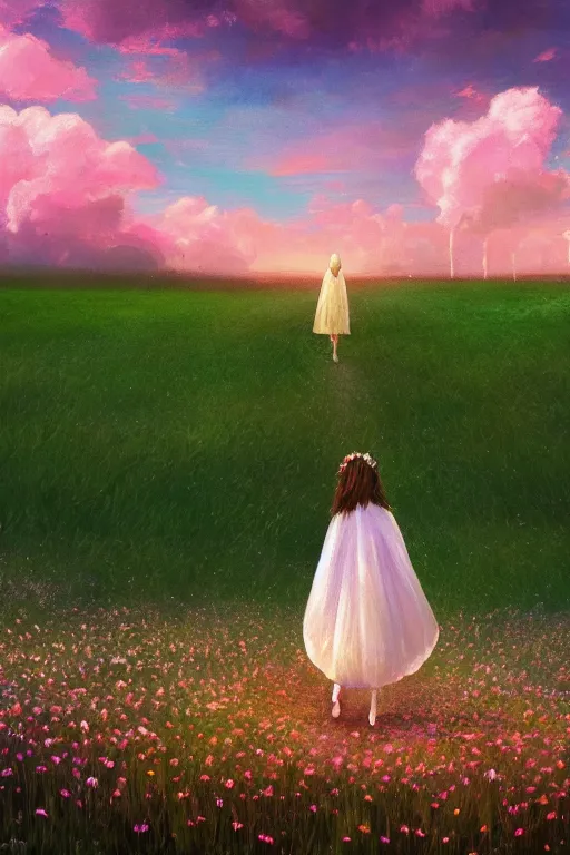 Image similar to giant white daisy flower head, girl with veil walking in a flower field, surreal photography, sunrise, dramatic light, impressionist painting, colorful clouds, digital painting, artstation, simon stalenhag