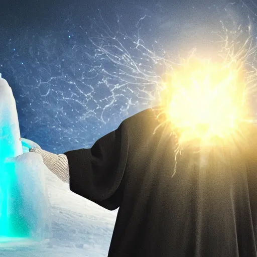 Image similar to a cloaked mage casting a magic spell toward an ice castle