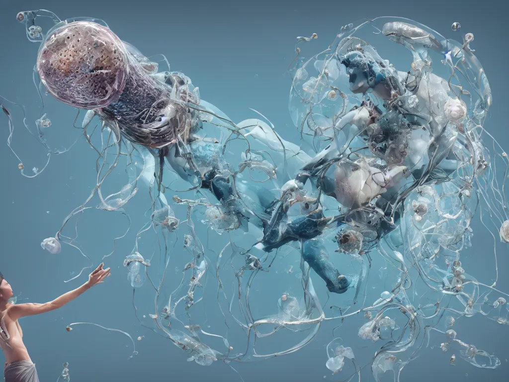 Image similar to a sculpture of ocean shark intertwined, a lovely cornucopia of flowers and human body parts, jellyfish, highly detailed, octane render, cinematic, shock, sharp focus, super resolution