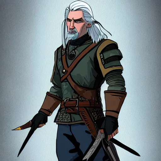 Image similar to precisely drawn illustration of geralt of rivia drawn in the style of the dragon prince