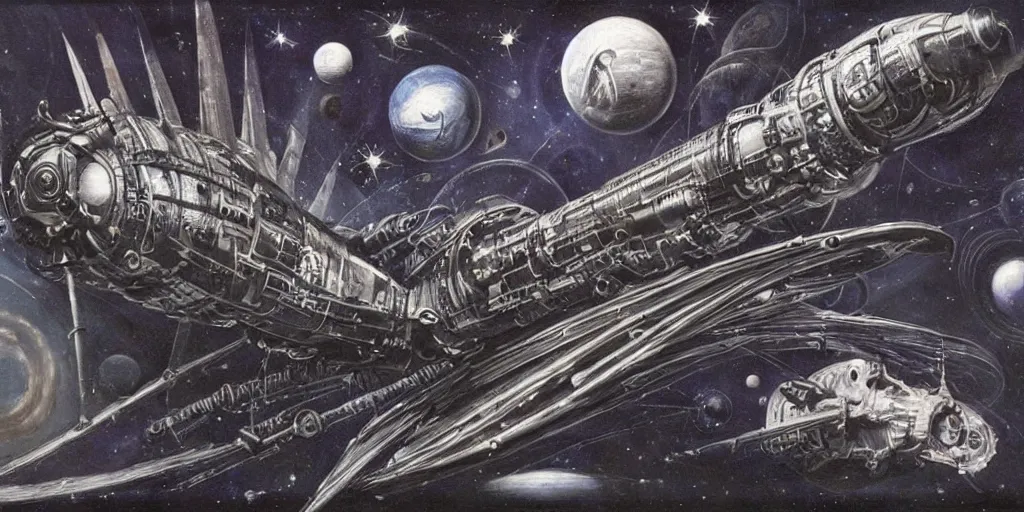 Image similar to atompunk space ship sailing the infinite cosmos, grand scale, raygun gothic style, astrophysics, painting by h. r. giger