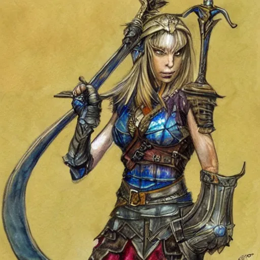 Image similar to a female elf holding a sword, a watercolor painting by tony diterlizzi, fantasy art, concept art