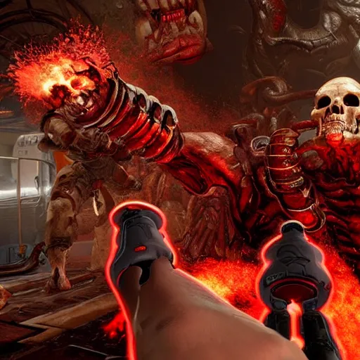 Image similar to Doom Eternal VR punching the skull off a demon