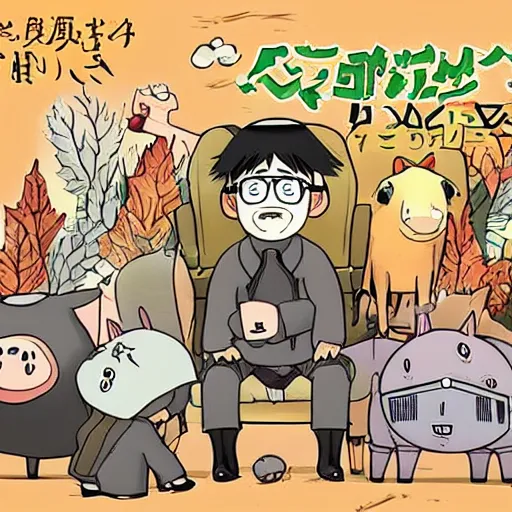 Image similar to Fall of capitalism, pigs with jackets, ghibli studio style, anime style