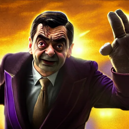 Image similar to mr. bean as thanos from the avengers movie. highly detailed digital painting, movie still. cinematic lighting.! dream mr. bean as thanos from the avengers movie. movie still. cinematic lighting.