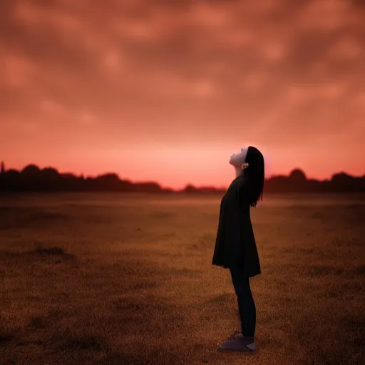 Prompt: aesthetic photo of a woman looking up with a sad expression at sunset, dslr, award winning, 8 k, octane beautifully detailed render, warm mood, cinematic lighting, detailed photo, masterpiece, volumetric lighting, ultra realistic, highly detailed, high quality, lossless, photorealistic, sharp focus, hd