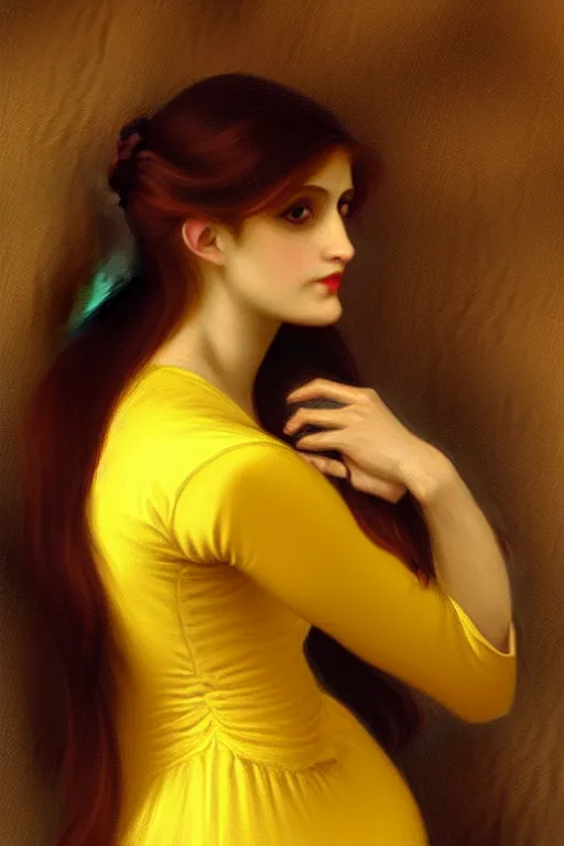 Prompt: victorian vampire in yellow dress, painting by rossetti bouguereau, detailed art, artstation