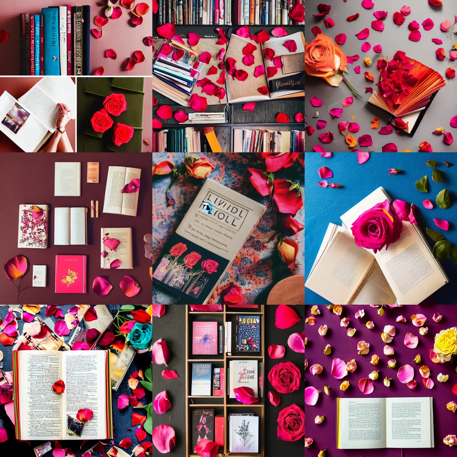 Prompt: flatlay book collection, vivid colors, dramatic lighting, rose petals